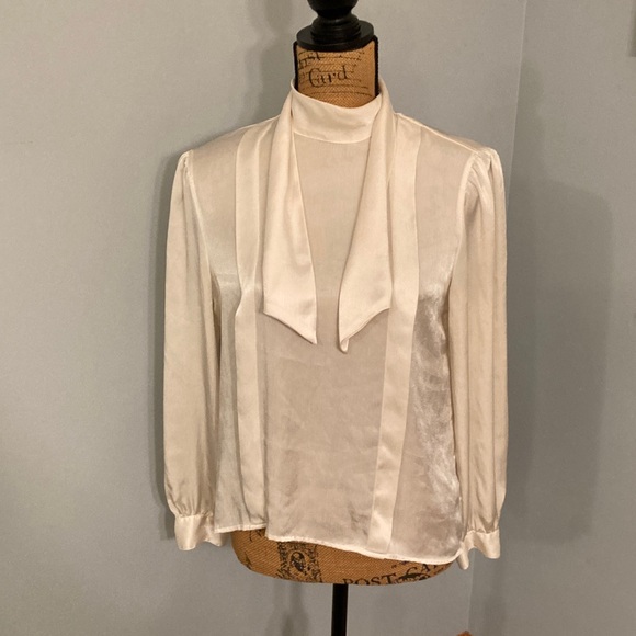 None Tops - Chic Women's Cream Blouse with Stylish Neck Tie *No Size Tag: 38" Chest